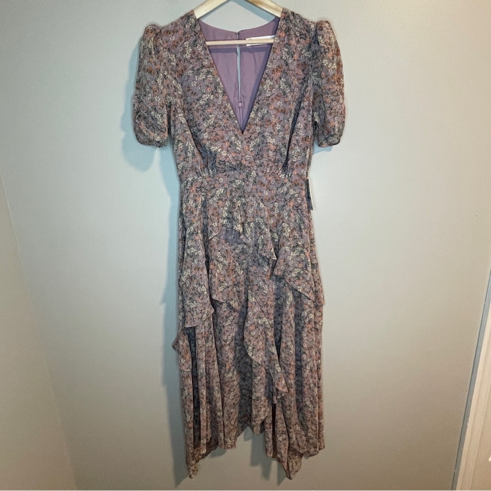 FLORET STUDIOS Tiered Ruffle Midi Dress in Lavender Multi Medium - Picture 4 of 11